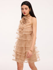 3D Rose Layered Tulle Ruffled Halter Mini Dress