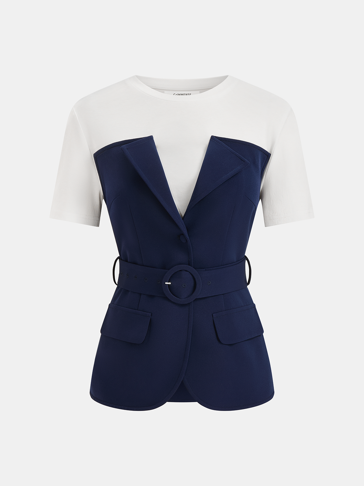 2 in 1 Belted Patchwork Short Sleeve Top