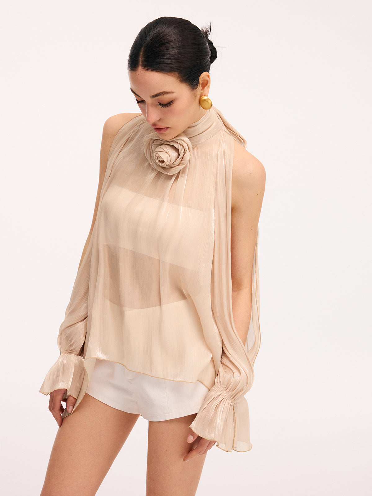 3D Rose Halter Neck Bell Sleeve Sheer Blouse