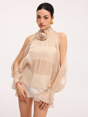 3D Rose Halter Neck Bell Sleeve Sheer Blouse