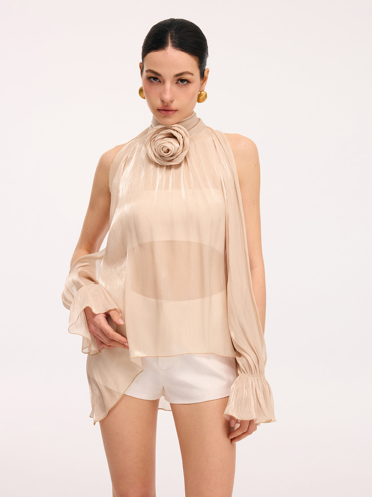 3D Rose Halter Neck Bell Sleeve Sheer Blouse