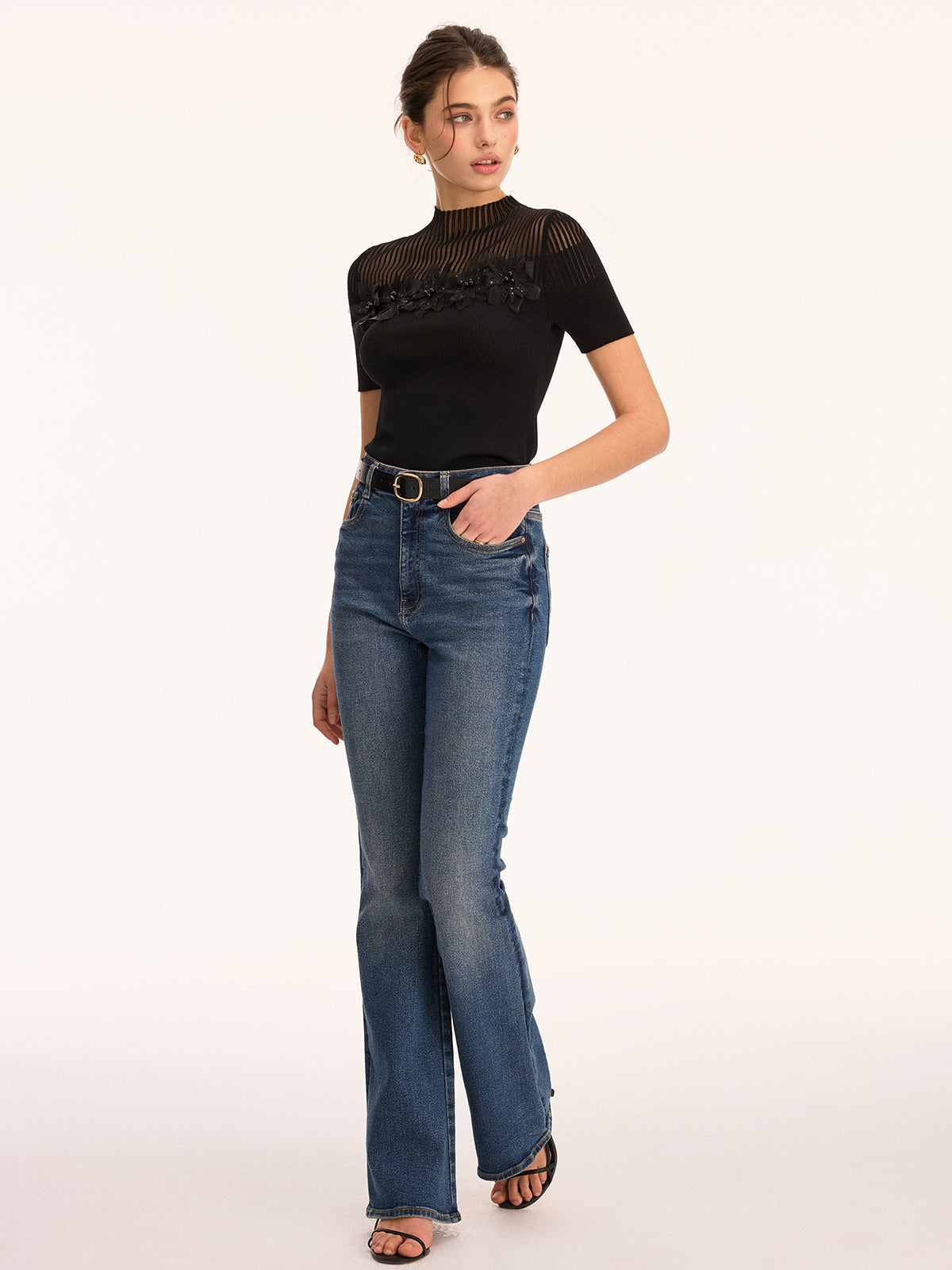 3D Floral Applique Sheer Mock Neck Knit Top