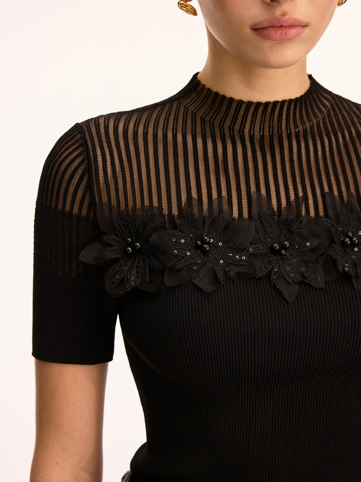 3D Floral Applique Sheer Mock Neck Knit Top