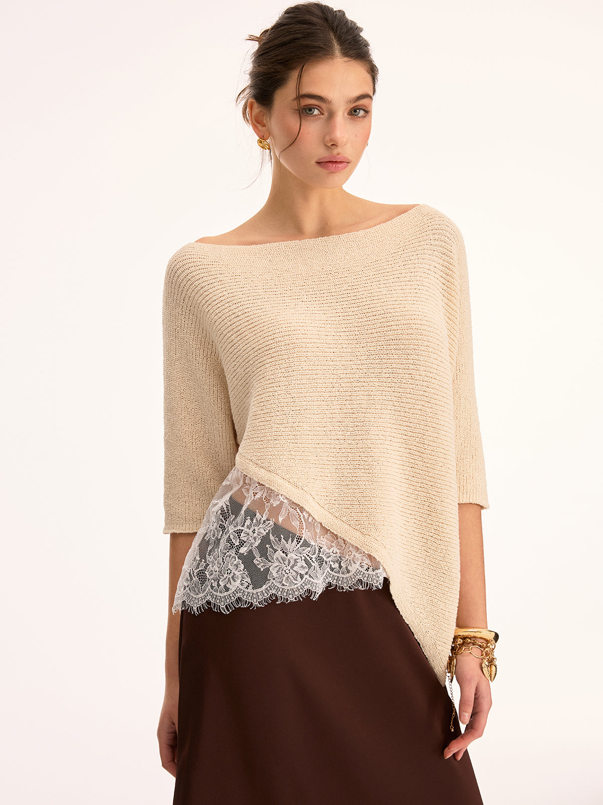 Asymmetrical Lace Trim Boat Neck Knit Top
