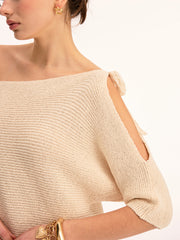 Asymmetrical Lace Trim Boat Neck Knit Top