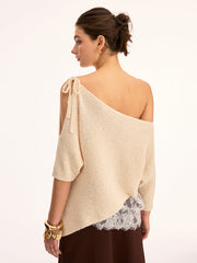 Asymmetrical Lace Trim Boat Neck Knit Top