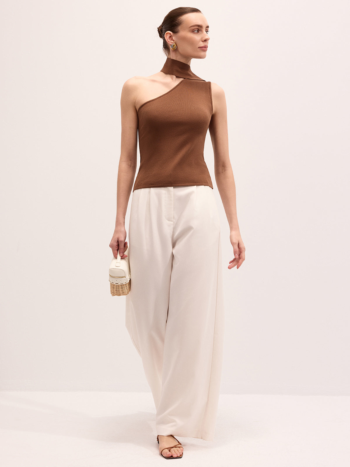 Asymmetric One-Shoulder Tie Neck Knit Top