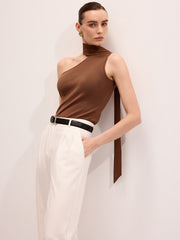 Asymmetric One-Shoulder Tie Neck Knit Top