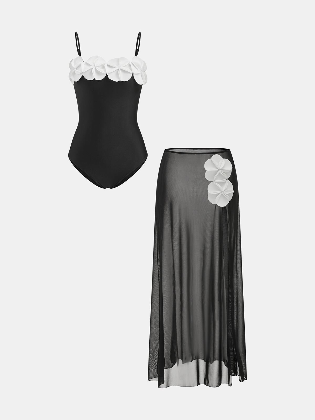 3D Floral One Piece Swimsuit Skirt Set