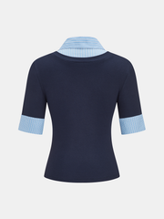2 in 1 Striped Collar Elbow Sleeve Blouse