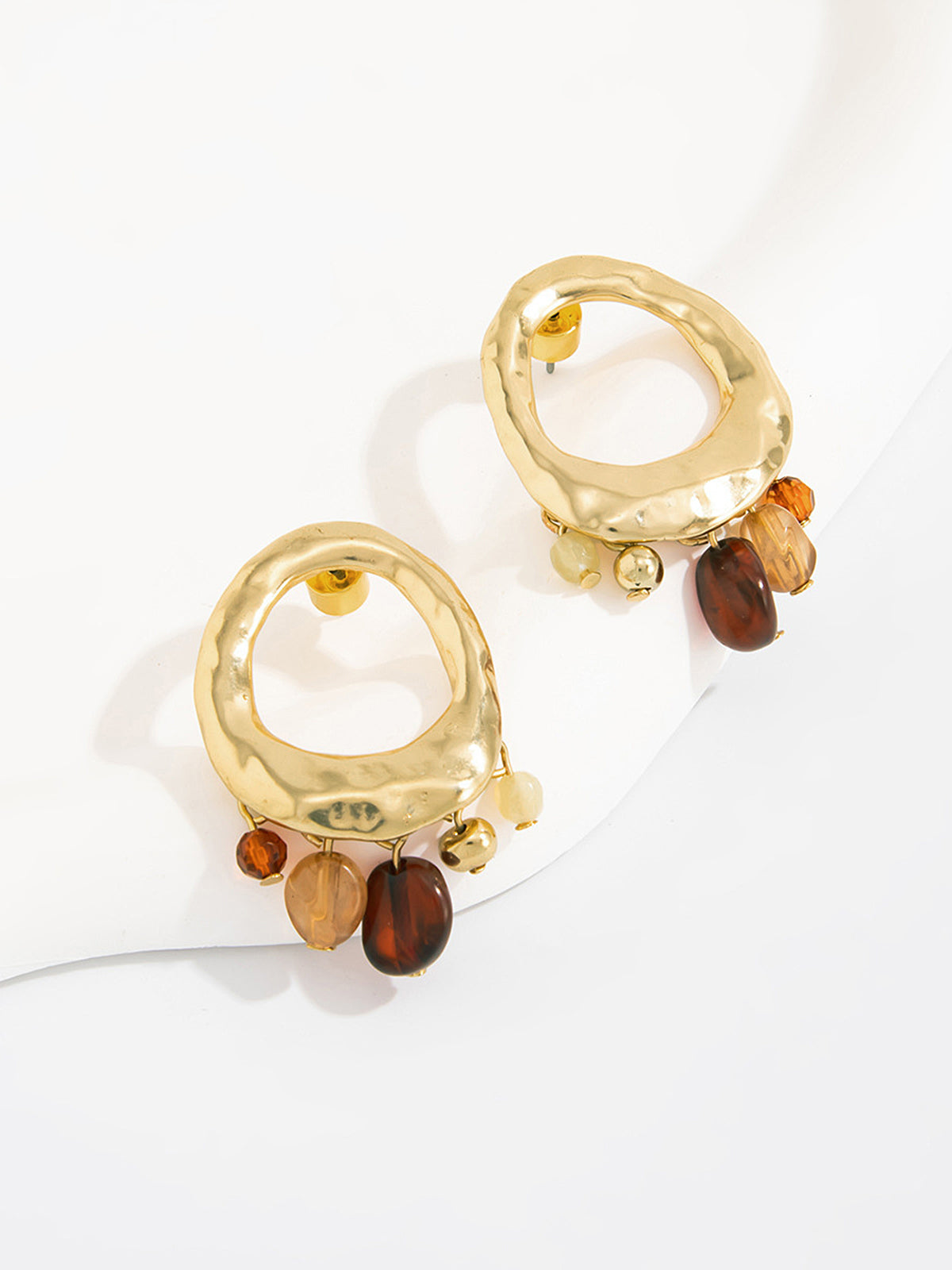 Amber Bead Tassel Hammered Hoop Earrings