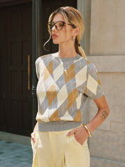 Argyle Short Sleeve Knit Sweater