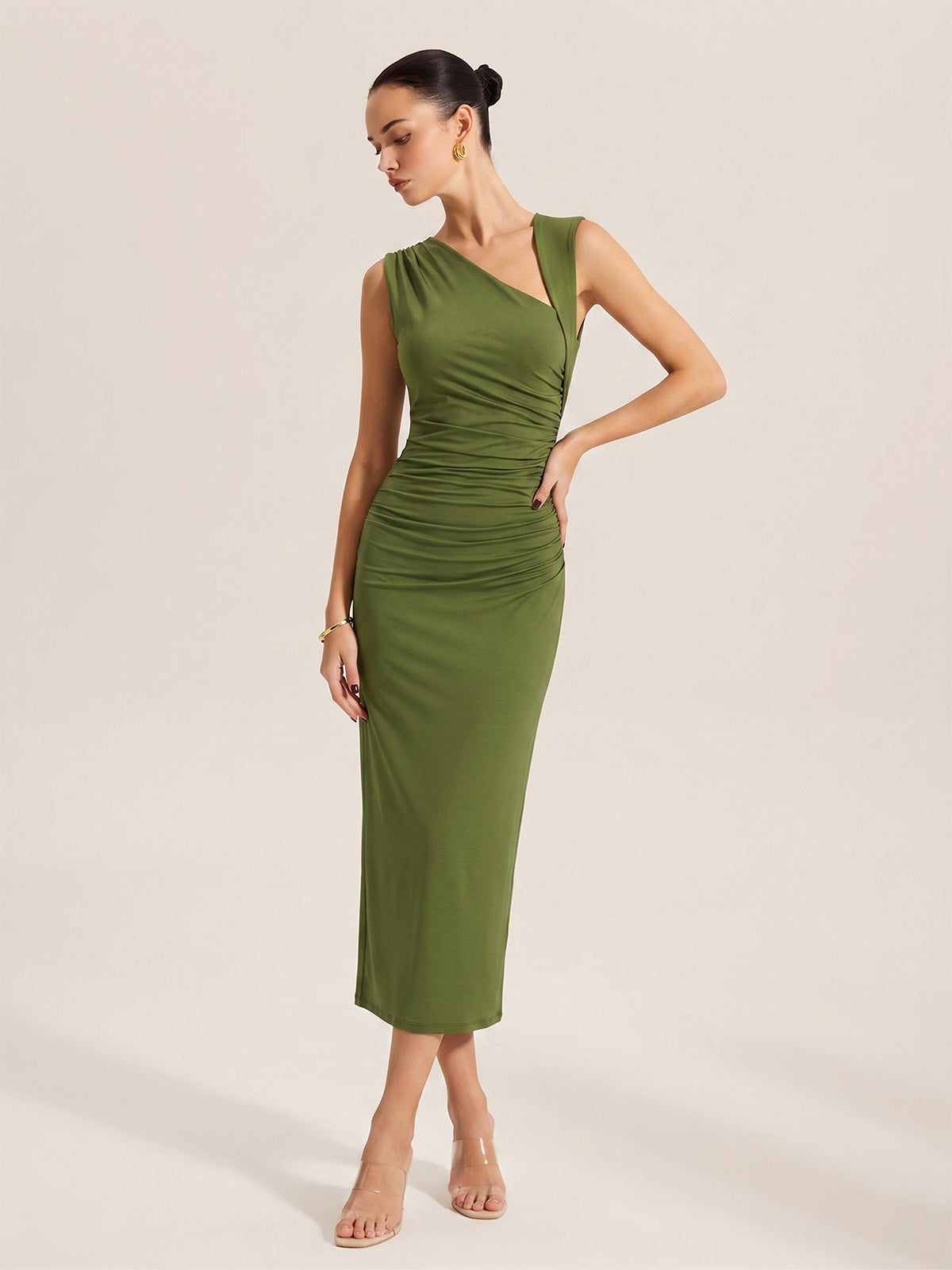 Asymmetric Ruched Bodycon Midi Dress