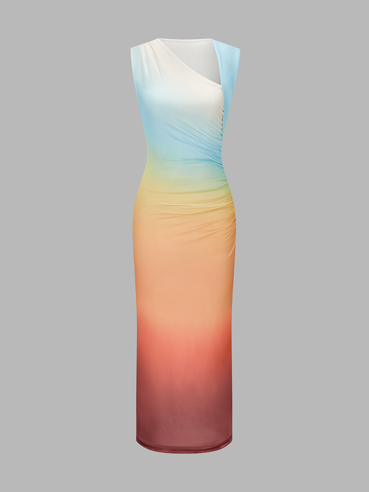 Asymmetric Neckline Sunset Gradient Mesh Midi Dress