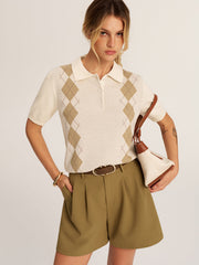 Argyle Short Sleeve Knitted Polo Sweater
