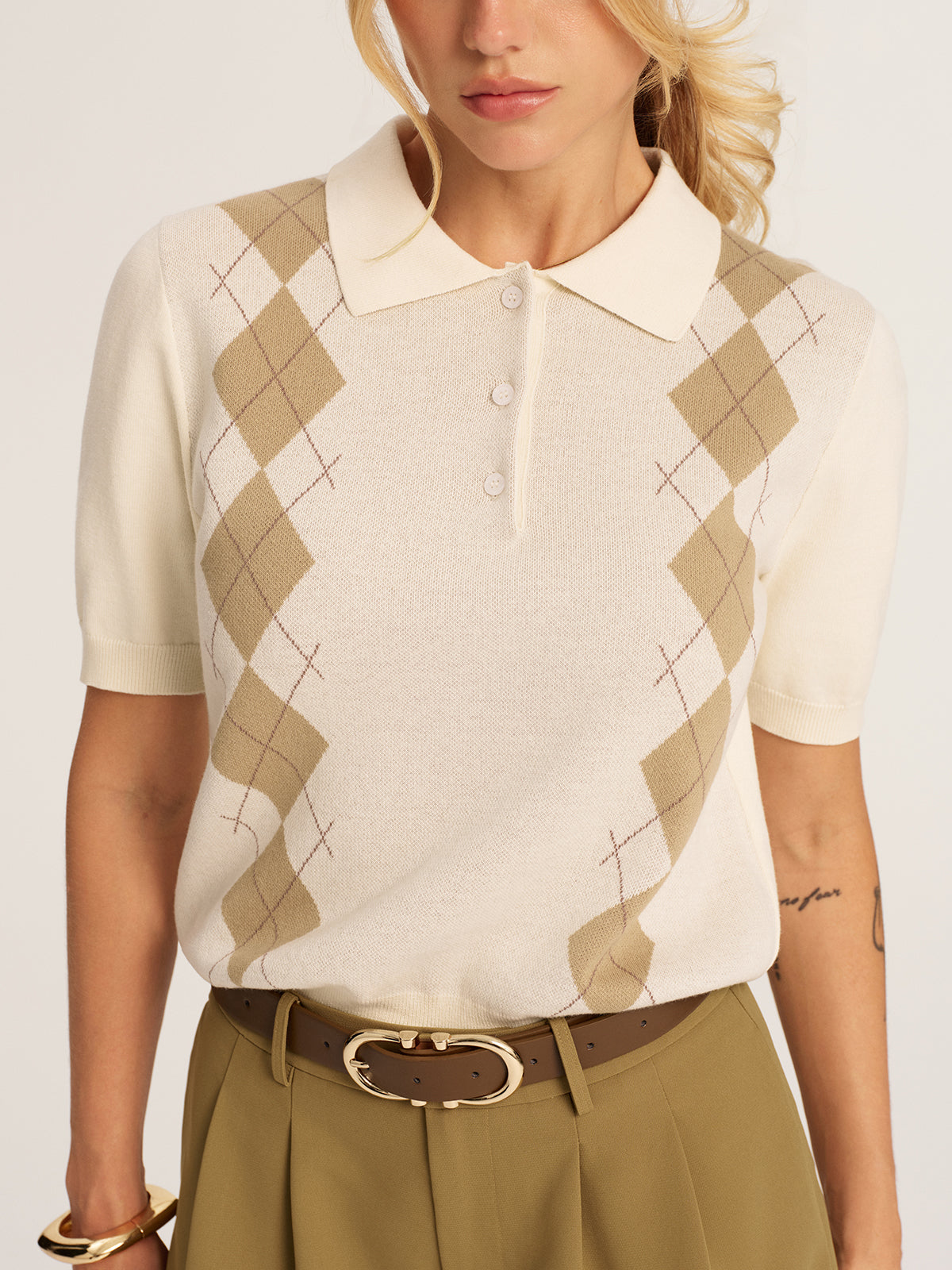 Argyle Short Sleeve Knitted Polo Sweater