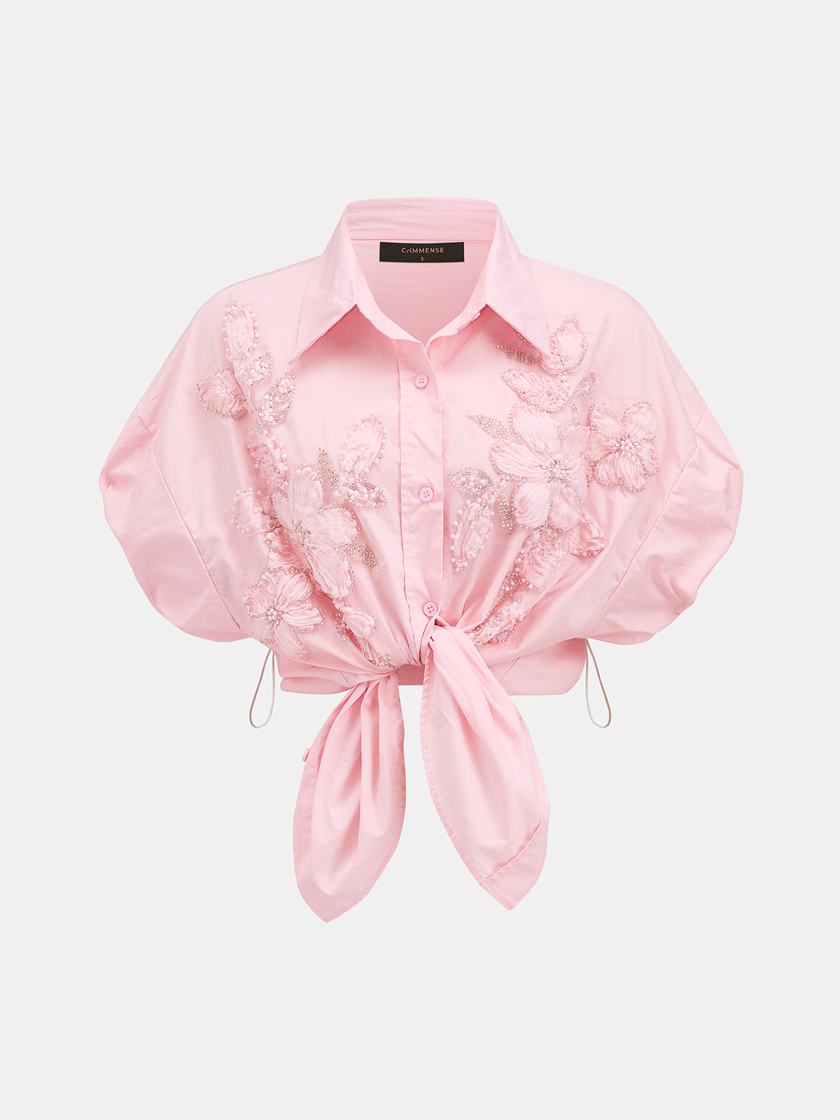 3D Floral Beaded Short Sleeve Cotton Shirt