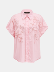 3D Floral Beaded Short Sleeve Cotton Shirt