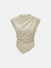 Asymmetrical Draped Ruched Satin Blouse
