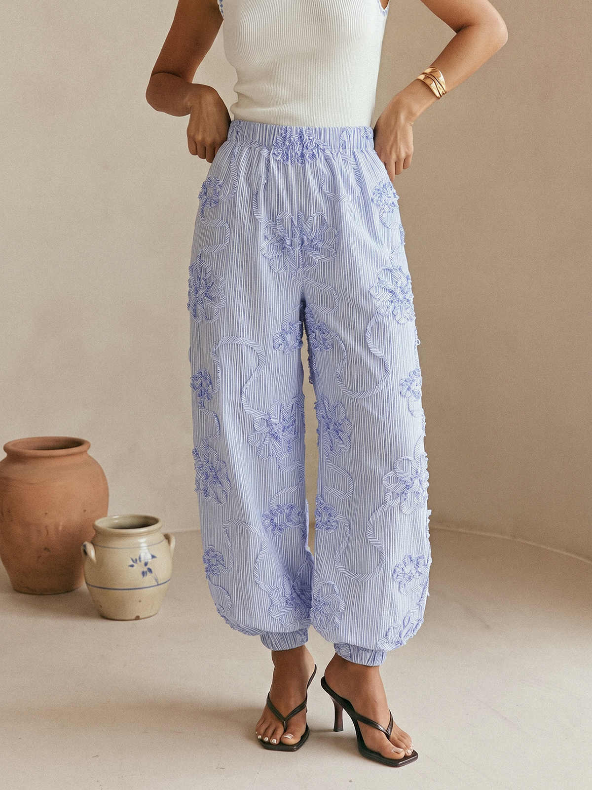 3D Floral Striped Elastic Cuffed Jogger Pants