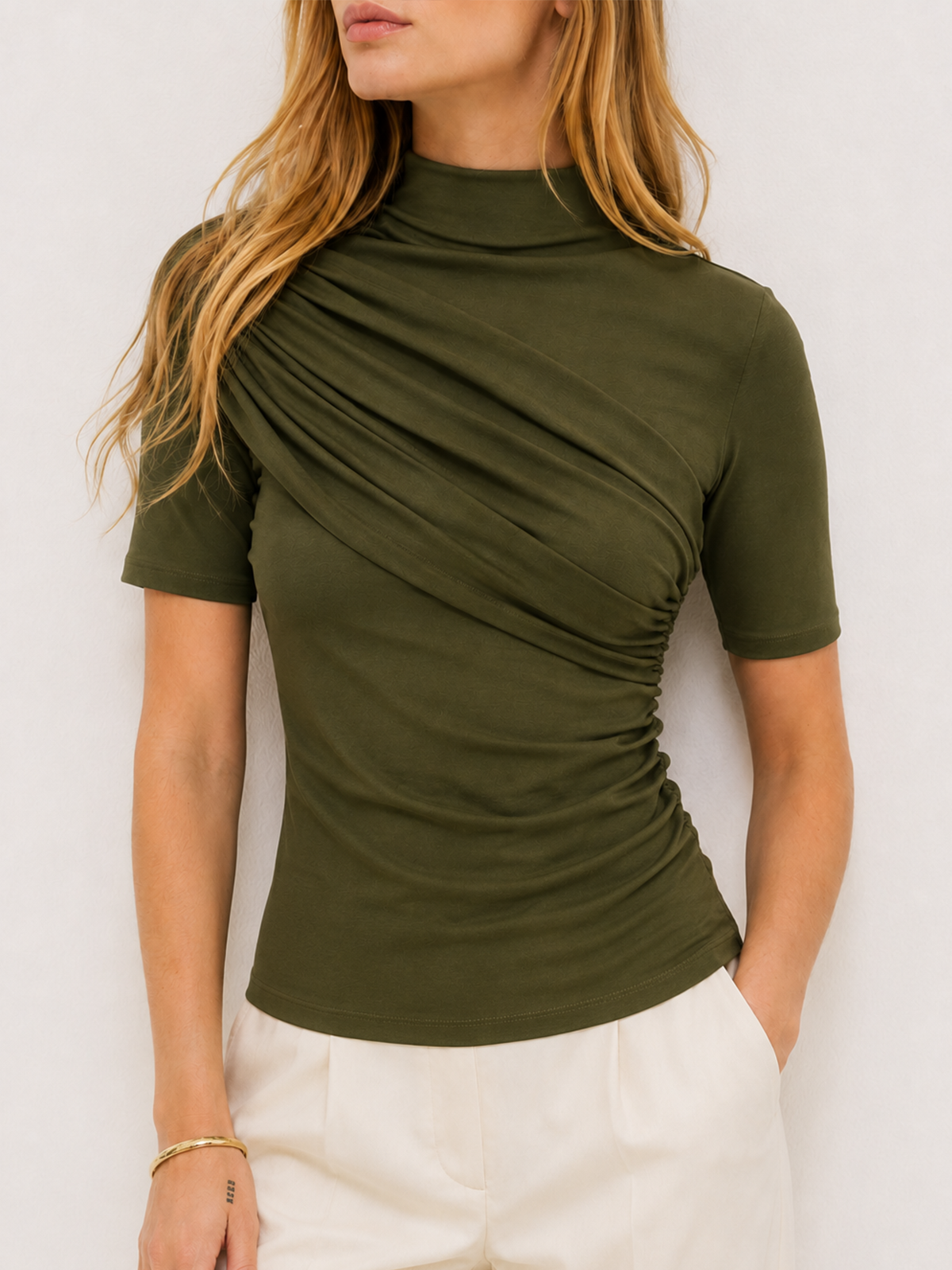 Asymmetric Ruched High Neck Top