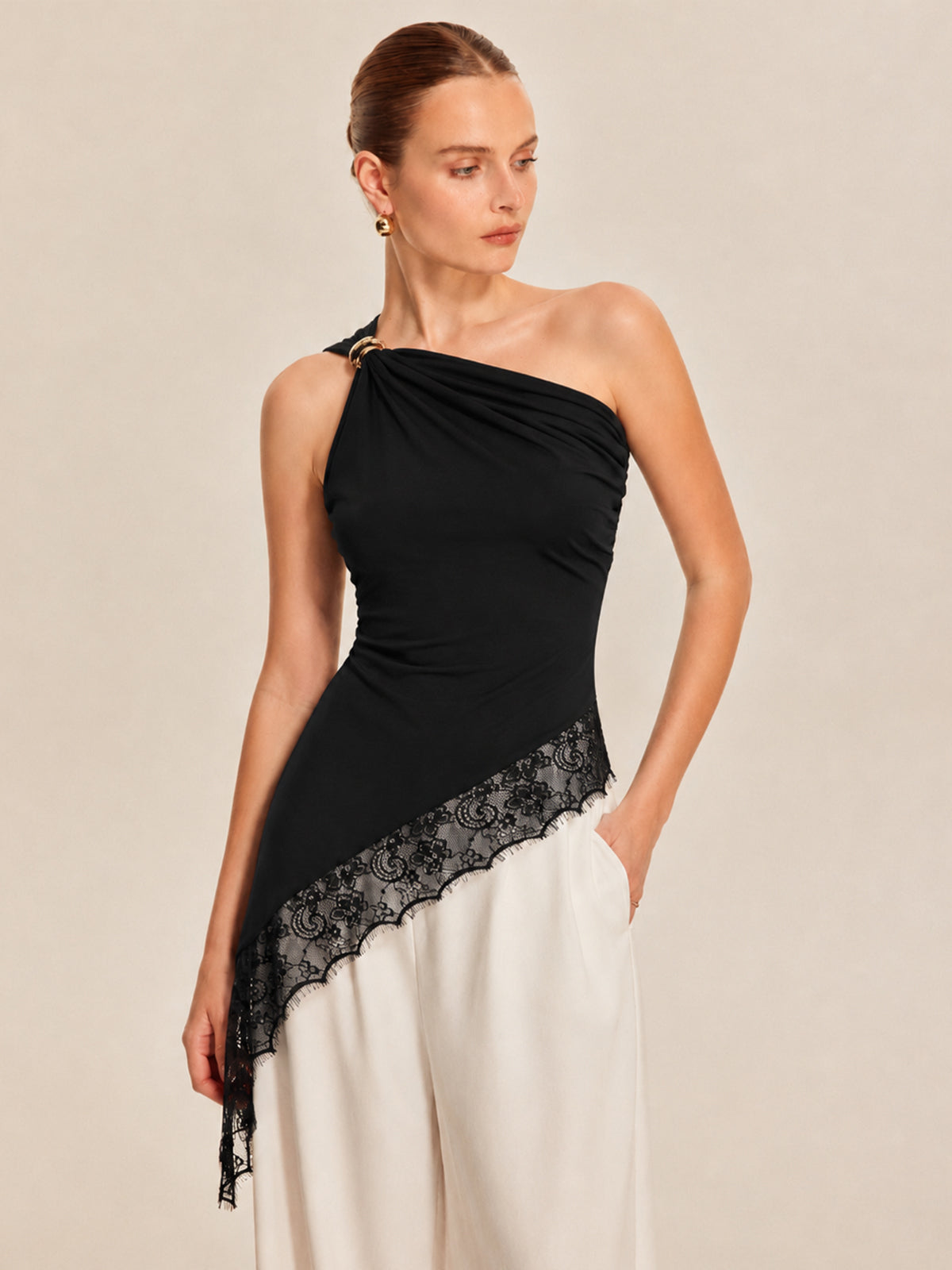 Asymmetric One Shoulder Lace Hem Top