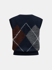 Argyle Fuzzy V Neck Knit Vest