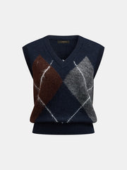 Argyle Fuzzy V Neck Knit Vest