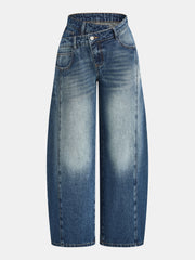 Asymmetric Waist Curved-Leg Denim Pants