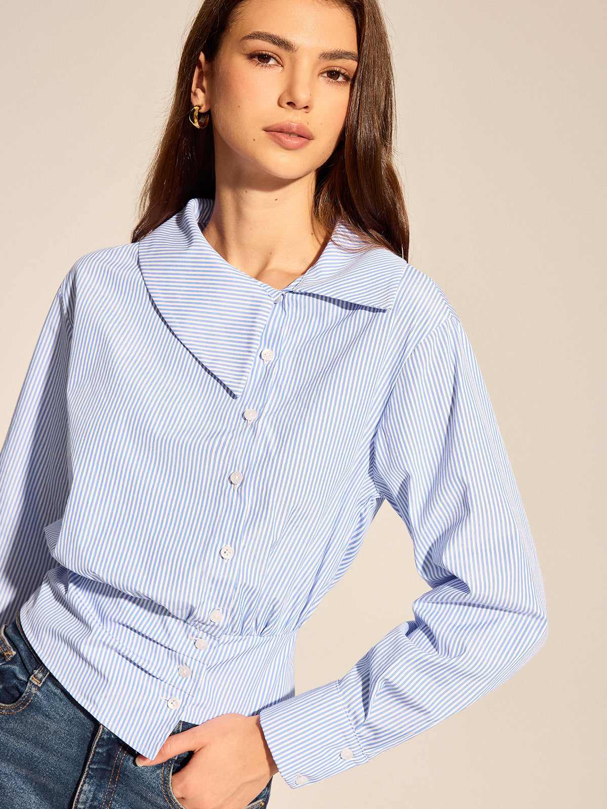 Asymmetrical Collar Striped Long Sleeve Blouse