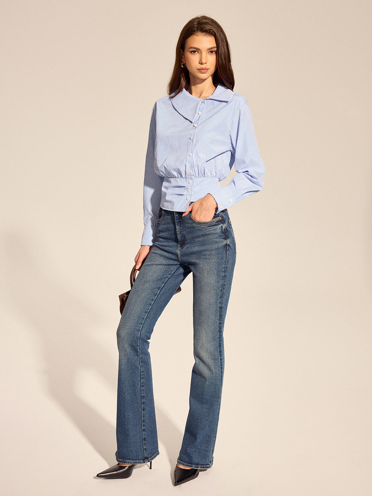 Asymmetrical Collar Striped Long Sleeve Blouse