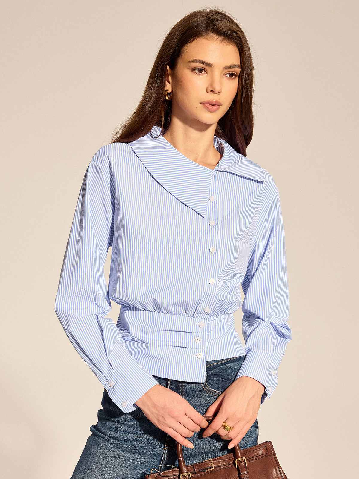 Asymmetrical Collar Striped Long Sleeve Blouse