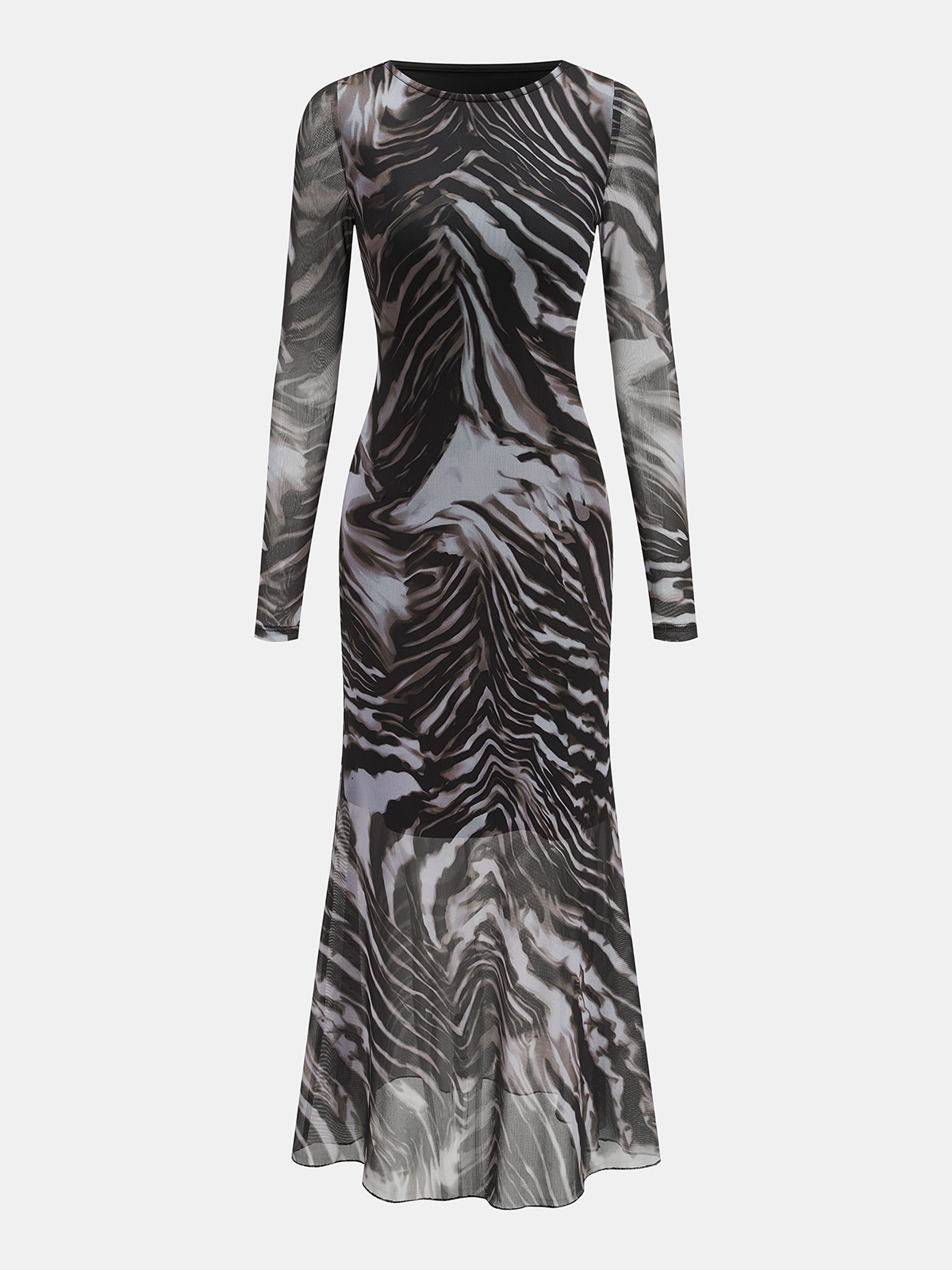 Animal Print Mesh Long Sleeve Mermaid Dress