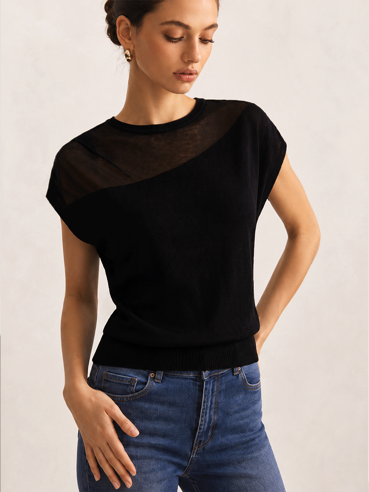 Asymmetric Sheer Shoulder Knit Top