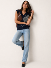 Argyle Fuzzy V Neck Knit Vest