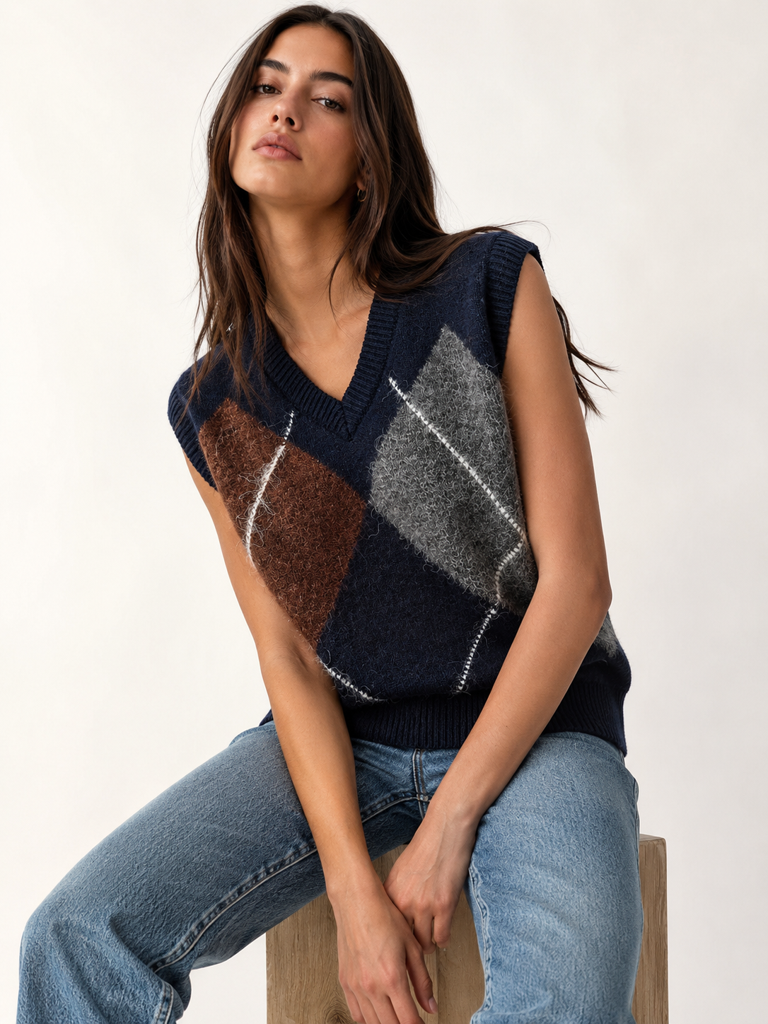 Argyle Fuzzy V Neck Knit Vest