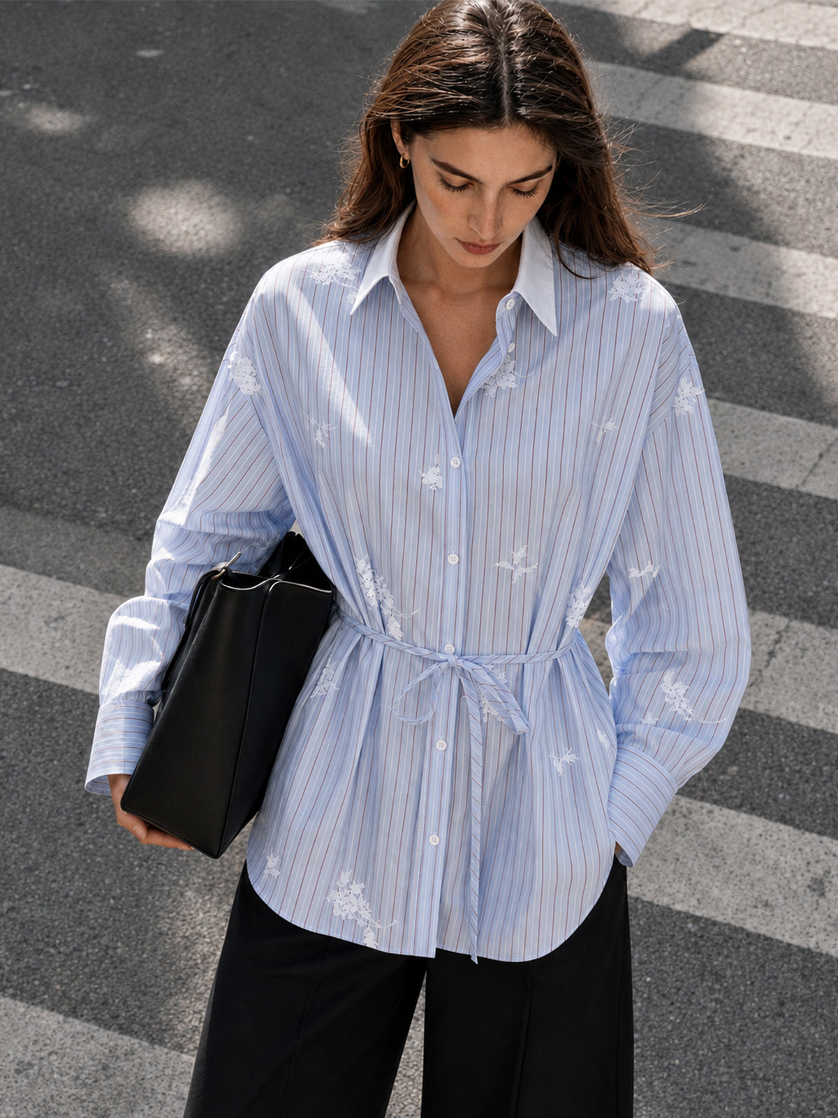 3D Flower Embroidery Striped Shirt