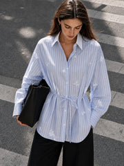 3D Flower Embroidery Striped Shirt