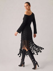 Asymmetrical Circle Fringe Midi Dress